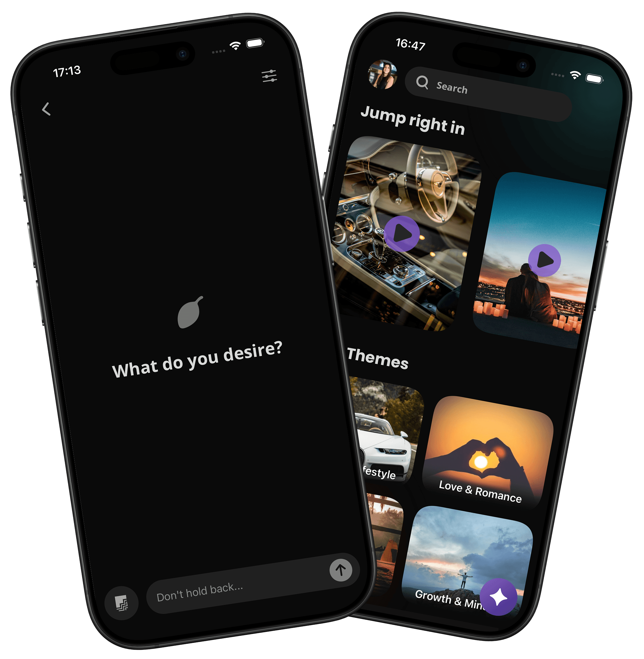 Hatai app mockups showing the generation wizard and audio library